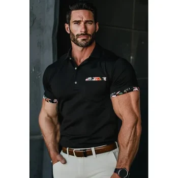Men's Polo Shirt Golf Shirt Casual Holiday Lapel Short Sleeve Fashion Basic Color Block Florals Patchwork Pocket Summer Regular Fit Black White Polo Shirt