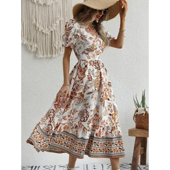 Women's Casual Dress Swing Dress Floral Print V Neck Midi Dress Streetwear Street Holiday Short Sleeve Regular Fit Black Red Blue Summer S M L XL XXL