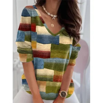 Women's T shirt Tee Plaid Color Block Daily Weekend Yellow Blue Purple Print Long Sleeve Fashion V Neck Regular Fit Spring & Fall
