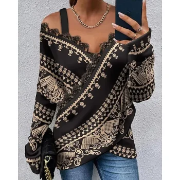 T shirt Tee Women's Black Graphic Wrap Cross Print Lace Trims Daily Weekend Fashion V Neck Regular Fit S