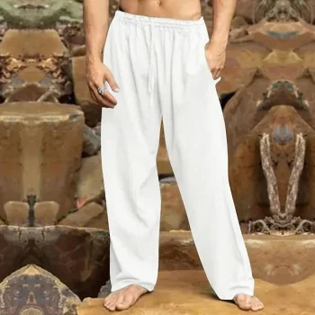 Men's Linen Pants Trousers Summer Pants Beach Pants Drawstring Elastic Waist Straight Leg Plain Comfort Breathable Daily Holiday Vacation Hawaiian Boho Black White