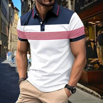 Men's Polo Shirt Golf Shirt Casual Sports Lapel Short Sleeve Basic Modern Stripes Button Spring & Summer Regular Fit White Navy Blue Polo Shirt