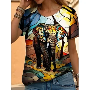 Women's T shirt Tee Floral Animal Daily Weekend Yellow Blue Orange Print Short Sleeve Fashion Round Neck Regular Fit Summer