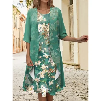 Women's Two Piece Dress Set Casual Dress Chiffon Dress Outdoor Holiday Fashion Modern Print Midi Dress Crew Neck Half Sleeve Floral Loose Fit Blue Purple Green Spring S M L XL XXL