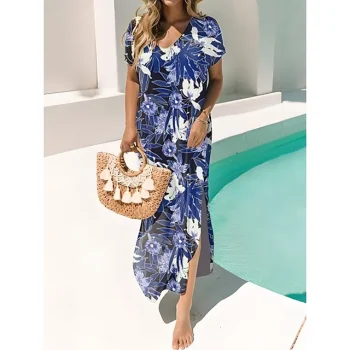 Women's Casual Dress Summer Dress Floral Print Split V Neck Long Dress Maxi Dress Streetwear Maxi Street Holiday Short Sleeve Regular Fit Royal Blue Blue Summer Spring S M L XL 3XL