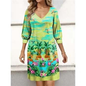 Women's Summer Dress Floral Tree Print V Neck Mini Dress Streetwear Holiday Date 3/4 Length Sleeve Loose Fit Pink Blue Dark Green Summer Spring S M L XL 2XL