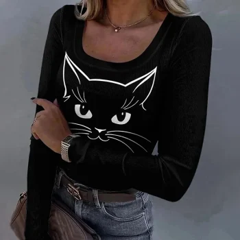 Women's T shirt Tee Cat Daily Weekend Black Print Long Sleeve Fashion Funny Round Neck Regular Fit Spring & Fall