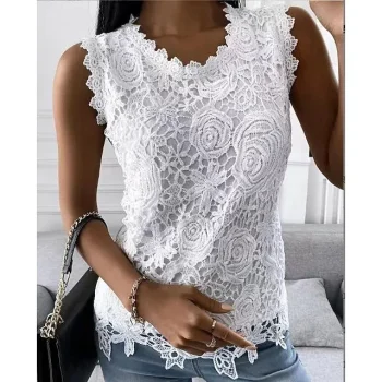 Tank Women's Black White Pink Solid Color Lace Street Daily Fashion Round Neck S