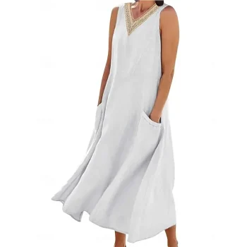 Women's White Dress Cotton Linen Dress Swing Dress Maxi long Dress Linen Cotton Blend Basic Modern Daily Weekend V Neck Pocket Sleeveless Summer Spring Loose Fit Black White Pink Plain S M L XL 2XL