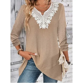 T shirt Tee Women's Khaki Color Block Lace Patchwork Daily Fashion V Neck Regular Fit S