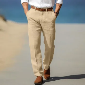 Men's Linen Pants Trousers Summer Pants Beach Pants Front Pocket Straight Leg Plain Comfort Breathable Formal Business Holiday Linen Cotton Blend Fashion Basic White Blue