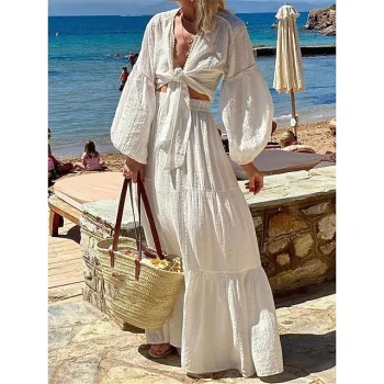 Women's Two Piece Dress Set White Dress Casual Dress Outdoor Holiday Fashion Modern Lace up Ruffle Long Dress Maxi Dress V Neck Long Sleeve Plain Regular Fit White Summer Spring S M L XL