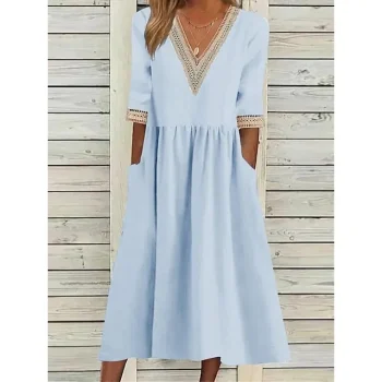 Women's Casual Dress Cotton Linen Dress Midi Dress Linen Cotton Blend Basic Modern Daily Weekend V Neck Patchwork Half Sleeve Summer Spring Loose Fit White Navy Blue Blue Plain S M L XL 2XL
