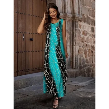 Women's Casual Dress Tank Dress Geometric Color Block Print Crew Neck Long Dress Maxi Dress Streetwear Maxi Street Holiday Sleeveless Loose Fit Blue Summer Spring S M L XL XXL