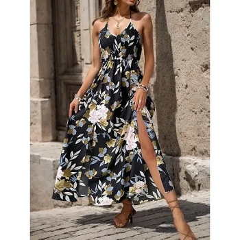 Women's Casual Dress Swing Dress Floral Backless Print Strap Long Dress Maxi Dress Streetwear Maxi Street Holiday Sleeveless Slim Black Summer S M L XL