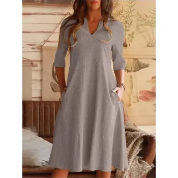 Women's Casual Dress Cotton Linen Dress Midi Dress Linen Cotton Blend Basic Modern Daily Weekend Split Neck Pocket 3/4 Length Sleeve Summer Spring Loose Fit Black Blue Gray Plain S M L XL 2XL