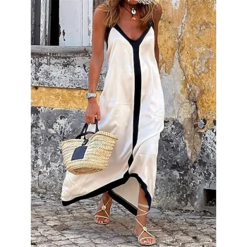 Women's Casual Dress Summer Dress Color Block Backless Print Strap Long Dress Maxi Dress Bohemia Streetwear Street Holiday Sleeveless Regular Fit White Fuchsia Summer S M L XL