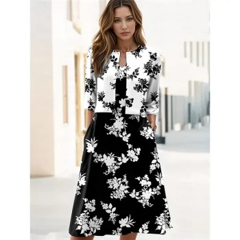 Women's Two Piece Dress Set Casual Dress Swing Dress Outdoor Holiday Elegant Fashion Print Midi Dress V Neck Half Sleeve Floral Regular Fit Black Summer Spring S M L XL XXL