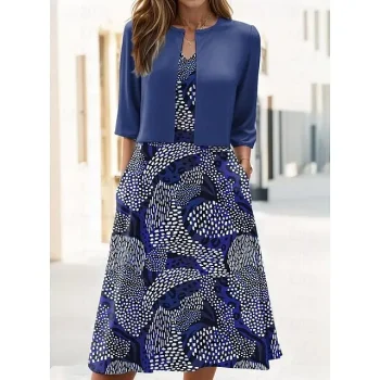 Women's Two Piece Dress Set Casual Dress Swing Dress Outdoor Holiday Elegant Fashion Print Midi Dress V Neck Half Sleeve Geometric Color Block Regular Fit Navy Blue Summer Spring S M L XL XXL