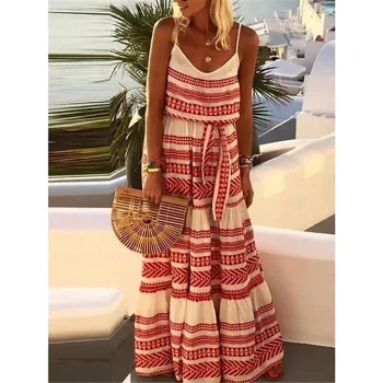 Women's Casual Dress Sundress Geometric Stripe Backless Print Strap Long Dress Maxi Dress Bohemia Streetwear Street Holiday Sleeveless Loose Fit Black Red Blue Summer S M L XL 2XL