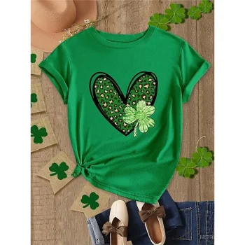 Women's T shirt Tee 100% Cotton Heart Shamrock St.Patrick's Day Holiday Grass Green White Print Short Sleeve Fashion Basic Crew Neck Regular Fit Summer