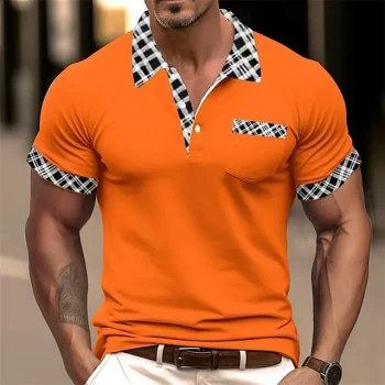 Men's Polo Shirt Golf Shirt Casual Holiday Lapel Short Sleeve Fashion Basic Houndstooth Plain Patchwork Pocket Summer Regular Fit White Orange Khaki Polo Shirt