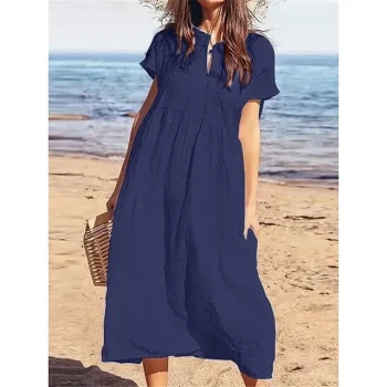 Women's Casual Dress Cotton Linen Dress Midi Dress Linen Cotton Blend Basic Modern Daily Weekend Crew Neck Ruched Button Short Sleeve Summer Spring Loose Fit Black Wine Navy Blue Plain S M L XL