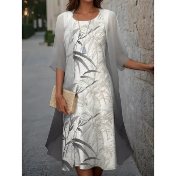 Women's Two Piece Dress Set Casual Dress Chiffon Dress Outdoor Holiday Fashion Modern Print Midi Dress Crew Neck Half Sleeve Leaf Loose Fit Blue Green Gray Spring S M L XL XXL