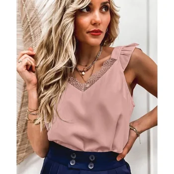Tank Women's Black White Pink Plain Lace Ruffle Street Daily Fashion V Neck Regular Fit S