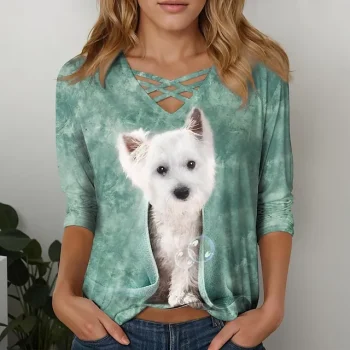 Women's T shirt Tee Dog Casual Pink Blue Green Print Long Sleeve Fashion V Neck Regular Fit Spring & Fall