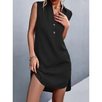 Women's Black Dress Casual Dress Cotton Linen Dress Mini Dress Linen Cotton Blend Basic Modern Daily Weekend Split Neck Button Sleeveless Summer Spring Loose Fit ArmyGreen Black Red Plain S M L