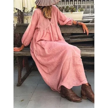 Women's Casual Dress Cotton Linen Dress Maxi long Dress Linen Cotton Blend Basic Modern Daily Weekend V Neck Basic 3/4 Length Sleeve Summer Spring Regular Fit Pink Plain S M L XL 2XL