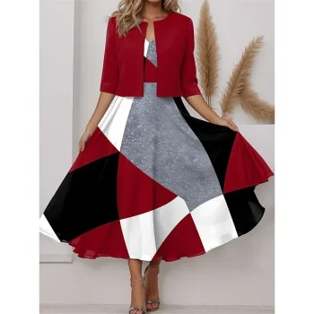 Women's Two Piece Dress Set Casual Dress Chiffon Dress Outdoor Holiday Fashion Streetwear Print Midi Dress V Neck Half Sleeve Geometric Color Block Regular Fit Wine Blue Brown Spring S M L XL XXL
