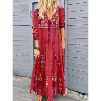 Women's Casual Dress Summer Dress Floral Print V Neck Mini Dress Bohemia Ethnic Holiday Vacation Long Sleeve Loose Fit Red Brown Gray Summer S M L XL 2XL