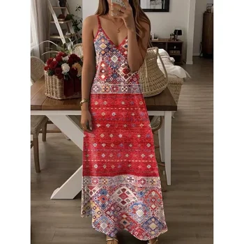 Women's Vintage Dress Casual Dress Geometric Tribal Print Strap Long Dress Maxi Dress Vintage Ethnic Street Holiday Sleeveless Regular Fit Pink Red Blue Summer S M L XL 2XL