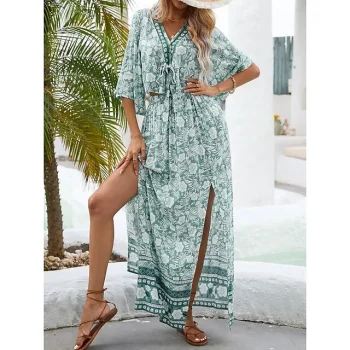 Women's Two Piece Dress Set Casual Dress Skirt Set Outdoor Holiday Bohemia Fashion Split Print Long Dress Maxi Dress V Neck Half Sleeve Floral Loose Fit Green Spring S M L XL