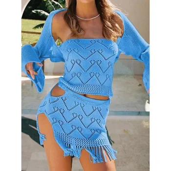 Women's Two Piece Dress Set Casual Dress Skirt Set Outdoor Vacation Fashion Modern Tassel Fringe Mini Dress Off Shoulder Long Sleeve Plain Loose Fit Blue Spring Fall S M L