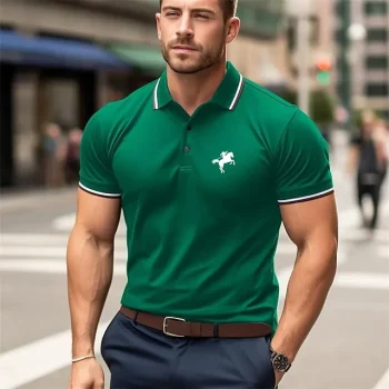 Men's Polo Shirt Button Up Polos Casual Holiday Lapel Short Sleeve Fashion Basic Color Block Horse Patchwork Embroidery Summer Regular Fit Black Red Green Polo Shirt