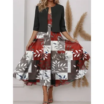 Women's Two Piece Dress Set Casual Dress Chiffon Dress Outdoor Holiday Fashion Streetwear Print Midi Dress V Neck Half Sleeve Leaf Floral Regular Fit Pink Wine Green Spring S M L XL XXL
