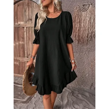 Women's Casual Dress Cotton Linen Dress Midi Dress Linen Cotton Blend Basic Modern Daily Weekend Crew Neck Ruffle Half Sleeve Summer Spring Loose Fit Black Light Green Red Plain S M L XL 2XL