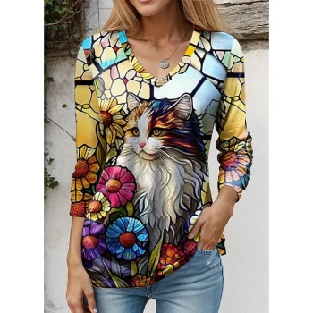Women's T shirt Tee Floral Cat Casual Holiday Yellow Blue Purple Print Long Sleeve Fashion Funny V Neck Regular Fit Spring & Fall