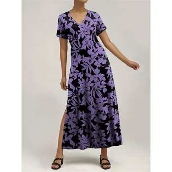 Women's Casual Dress Summer Dress Floral Print V Neck Long Dress Maxi Dress Streetwear Maxi Street Holiday Short Sleeve Loose Fit Purple Summer S M L XL 2XL