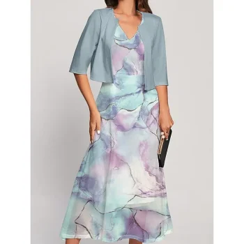 Women's Two Piece Dress Set Casual Dress Chiffon Dress Outdoor Holiday Fashion Streetwear Print Midi Dress V Neck Half Sleeve Ombre Regular Fit Blue Purple Green Spring S M L XL XXL