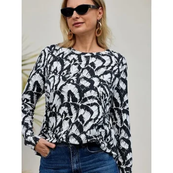 Women's T shirt Tee Modal Feather Print Crew Neck Long Sleeve Casual for Spring & Fall