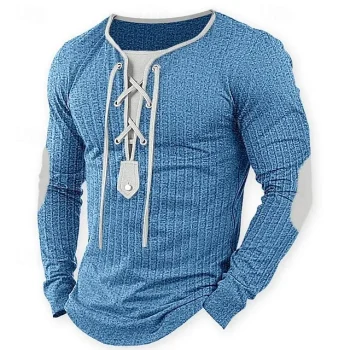 Men's T shirt Tee Ribbed Knit tee Tee Top Long Sleeve Shirt Color Block Collar Street Vacation Long Sleeve Patchwork Drawstring Clothing Apparel Fashion Designer Basic