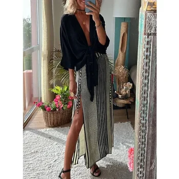 Women's Two Piece Dress Set Casual Dress Skirt Set Party Holiday Party Hawaiian Drawstring Long Dress Maxi Dress V Neck 3/4 Length Sleeve Stripe Loose Fit Black Summer Spring S M L XL