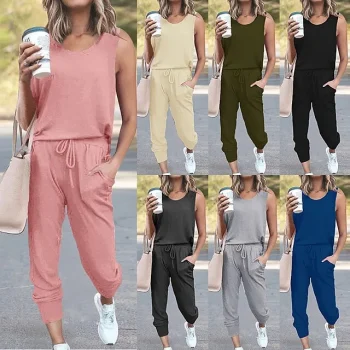Tank Top Pants Sets Women's Black Yellow Pink Solid Color Drawstring Casual Daily Fashion Round Neck Regular Fit S