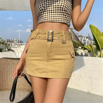 Women's Skirt Cargo Skirt Mini Denim Black White Khaki Skirts Summer Pocket Belt Included Fashion Casual Street Going out S M L