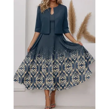 Women's Two Piece Dress Set Casual Dress Chiffon Dress Outdoor Going out Vintage Ethnic Print Midi Dress V Neck Half Sleeve Geometric Tribal Regular Fit Black Blue Green Spring S M L XL XXL