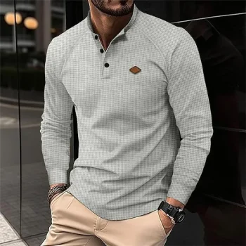Men's Waffle Polo Shirt Golf Shirt Work Casual Stand Collar Long Sleeve Basic Modern Plain Button Spring & Fall Regular Fit Black White Royal Blue Khaki Gray Waffle Polo Shirt